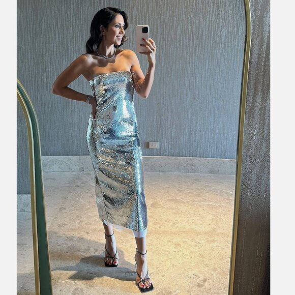 Zara Sequin Festive Strapless Midi Dress Organza Silver Metallic Size Small - Picture 5 of 13